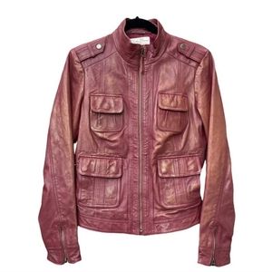 Rare Lucky Brand Red Burgundy Maroon 100% Goat Leather Zip MotoJacket Medium
